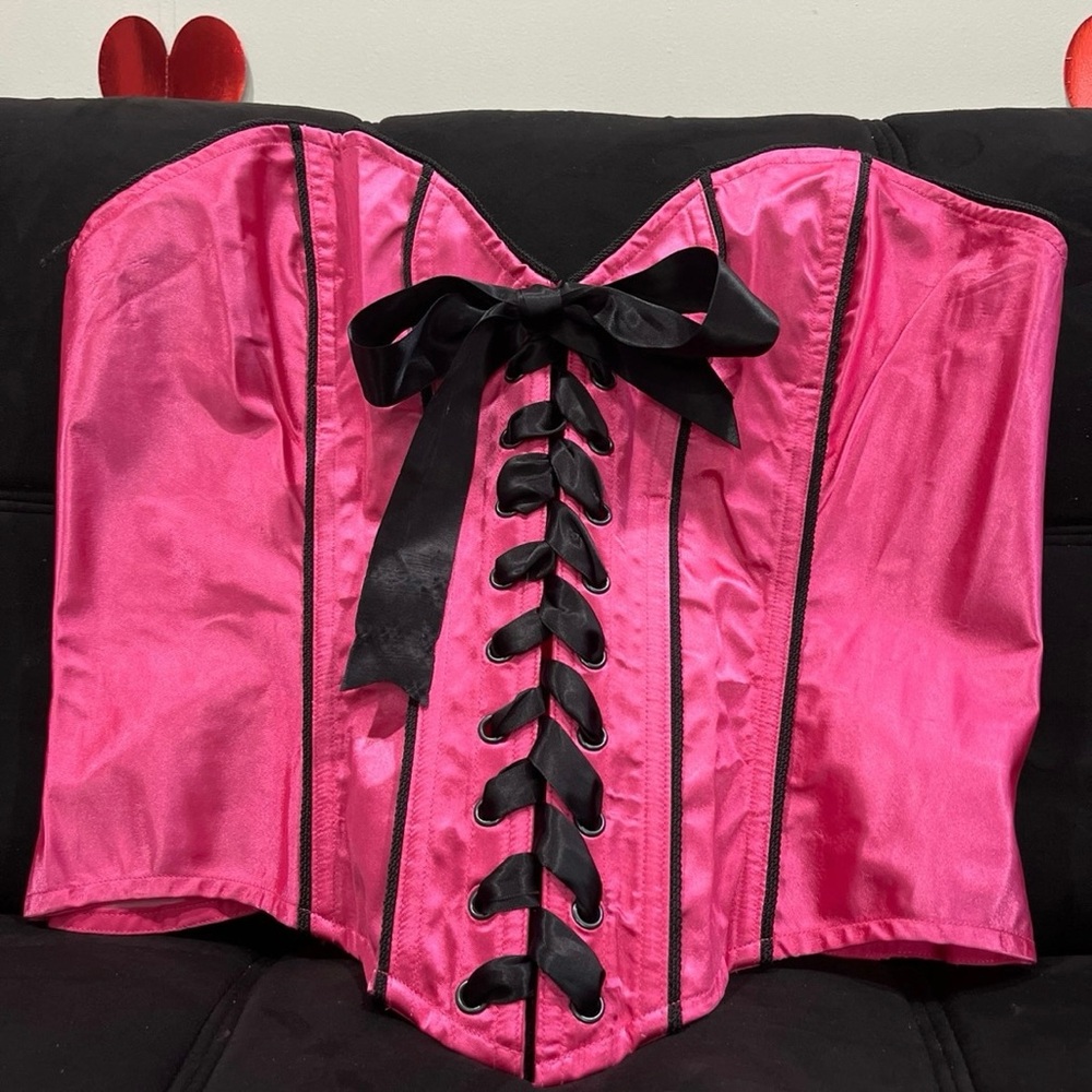 Pink Satin Corset with Black Lace-Up Detail Plus 3x